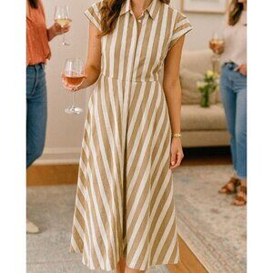 Emme Marella Short Sleeve Beige Stripe Midi Dress Size 12